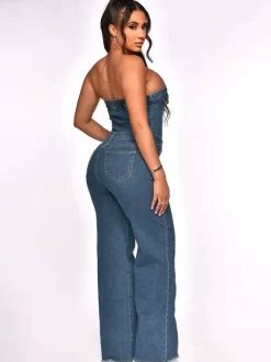 Jumpsuits Blue Strapless Sleeveless Denim Flared Summer One Piece Outfit