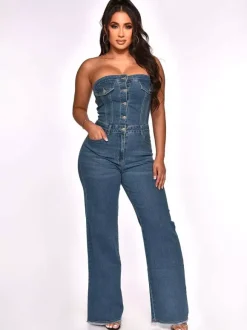 Jumpsuits Blue Strapless Sleeveless Denim Flared Summer One Piece Outfit