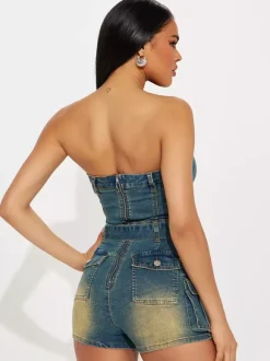Jumpsuits Blue Strapless Sleeveless Sash Denim Summer Playsuit