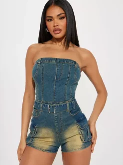 Jumpsuits Blue Strapless Sleeveless Sash Denim Summer Playsuit