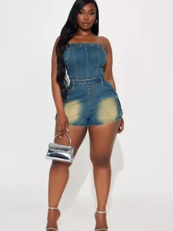 Jumpsuits Blue Strapless Sleeveless Sash Denim Summer Playsuit