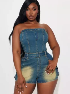 Jumpsuits Blue Strapless Sleeveless Sash Denim Summer Playsuit