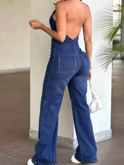 Jumpsuits Blue Turndown Collar Sleeveless Halter Denim Straight Summer One Piece Outfit
