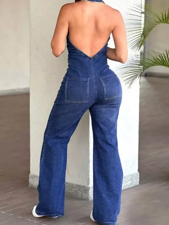 Jumpsuits Blue Turndown Collar Sleeveless Halter Denim Straight Summer One Piece Outfit