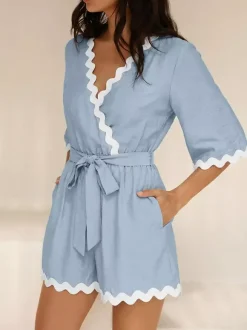 Jumpsuits Blue V-Neck Half Sleeves Strapless Viscose Straight Summer Playsuit