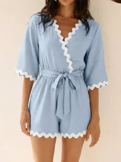Jumpsuits Blue V-Neck Half Sleeves Strapless Viscose Straight Summer Playsuit