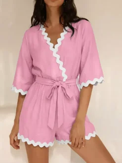 Jumpsuits Blue V-Neck Half Sleeves Strapless Viscose Straight Summer Playsuit