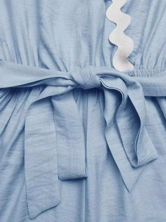 Jumpsuits Blue V-Neck Half Sleeves Strapless Viscose Straight Summer Playsuit