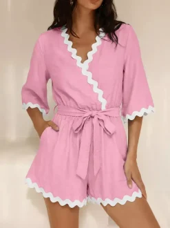 Jumpsuits Blue V-Neck Half Sleeves Strapless Viscose Straight Summer Playsuit