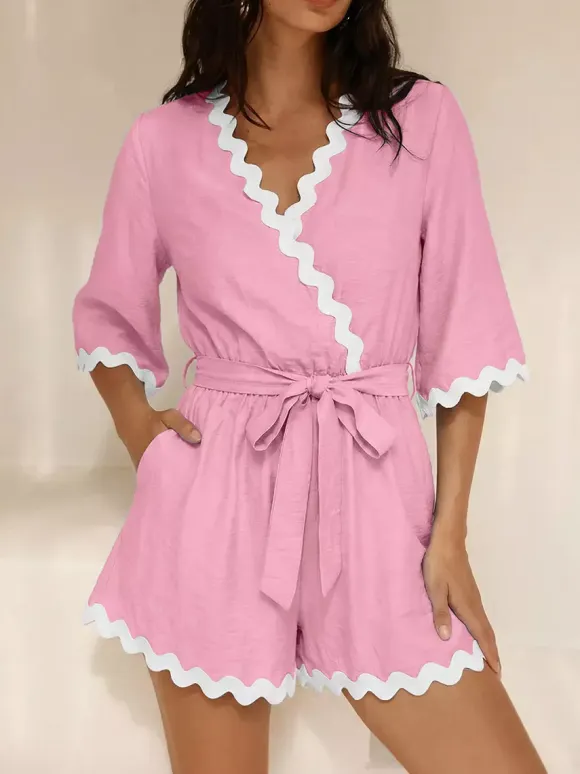 Jumpsuits Blue V-Neck Half Sleeves Strapless Viscose Straight Summer Playsuit