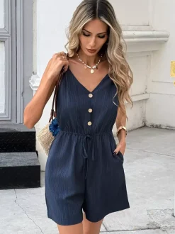 Jumpsuits Blue V-Neck Sleeveless Buttons Backless Wide Summer Playsuit