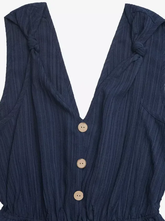 Jumpsuits Blue V-Neck Sleeveless Buttons Backless Wide Summer Playsuit