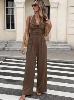 Jumpsuits Brown Sleeveless Backless Halter Straight Summer One Piece Outfit