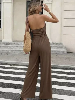 Jumpsuits Brown Sleeveless Backless Halter Straight Summer One Piece Outfit