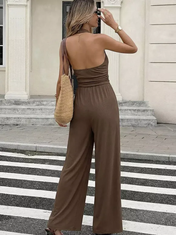 Jumpsuits Brown Sleeveless Backless Halter Straight Summer One Piece Outfit