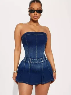 Jumpsuits Deep Blue Strapless Sleeveless Denim Summer Playsuit