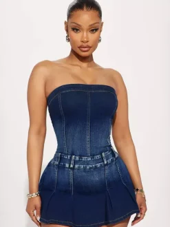 Jumpsuits Deep Blue Strapless Sleeveless Denim Summer Playsuit
