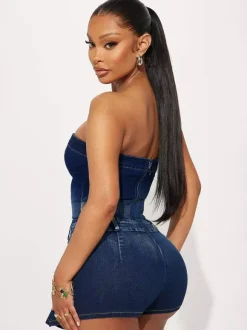 Jumpsuits Deep Blue Strapless Sleeveless Denim Summer Playsuit