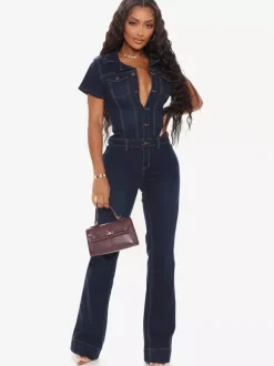 Jumpsuits Deep Blue Turndown Collar Short Sleeves Denim Wide Summer Playsuit