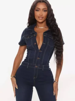 Jumpsuits Deep Blue Turndown Collar Short Sleeves Denim Wide Summer Playsuit