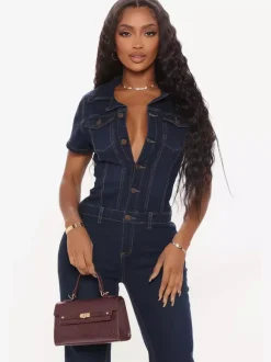 Jumpsuits Deep Blue Turndown Collar Short Sleeves Denim Wide Summer Playsuit