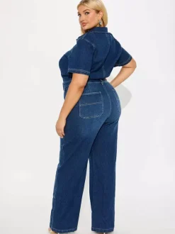 Jumpsuits Deep Blue Turndown Collar Short Sleeves Denim Flared Summer Playsuit