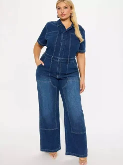 Jumpsuits Deep Blue Turndown Collar Short Sleeves Denim Flared Summer Playsuit