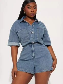 Jumpsuits Deep Blue Turndown Collar Short Sleeves Denim Summer Playsuit