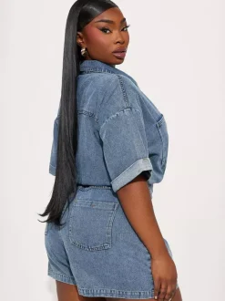Jumpsuits Deep Blue Turndown Collar Short Sleeves Denim Summer Playsuit