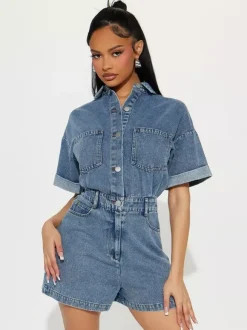 Jumpsuits Deep Blue Turndown Collar Short Sleeves Denim Summer Playsuit