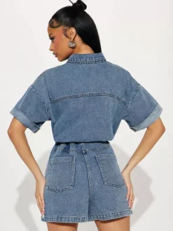 Jumpsuits Deep Blue Turndown Collar Short Sleeves Denim Summer Playsuit
