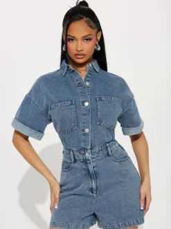 Jumpsuits Deep Blue Turndown Collar Short Sleeves Denim Summer Playsuit