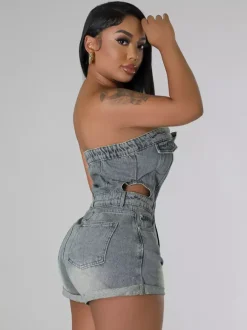 Jumpsuits Illusion Blue Strapless Sleeveless Cut Out Denim Summer Playsuit