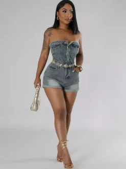 Jumpsuits Illusion Blue Strapless Sleeveless Cut Out Denim Summer Playsuit