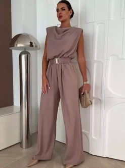 Jumpsuits Khaki Cowl Neck Belted Straight Summer One Piece Outfit