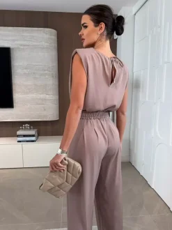 Jumpsuits Khaki Cowl Neck Belted Straight Summer One Piece Outfit