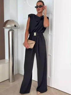 Jumpsuits Khaki Cowl Neck Belted Straight Summer One Piece Outfit
