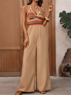Jumpsuits Khaki Two-Tone V-Neck Sleeveless Strapless Wide Summer One Piece Outfit