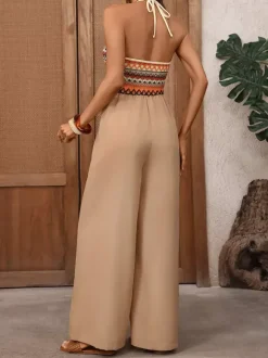 Jumpsuits Khaki Two-Tone V-Neck Sleeveless Strapless Wide Summer One Piece Outfit