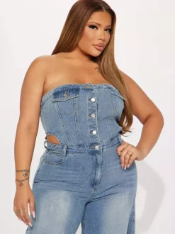 Jumpsuits Light Sky Blue Strapless Sleeveless Denim Loose Summer Playsuit