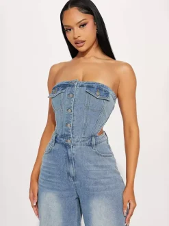 Jumpsuits Light Sky Blue Strapless Sleeveless Denim Loose Summer Playsuit