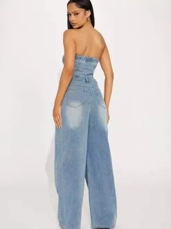 Jumpsuits Light Sky Blue Strapless Sleeveless Denim Loose Summer Playsuit