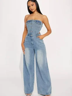 Jumpsuits Light Sky Blue Strapless Sleeveless Denim Loose Summer Playsuit