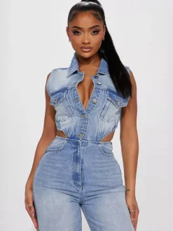 Jumpsuits Light Sky Blue Turndown Collar Sleeveless Cut Out Denim Straight Summer Playsuit