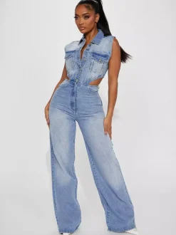Jumpsuits Light Sky Blue Turndown Collar Sleeveless Cut Out Denim Straight Summer Playsuit