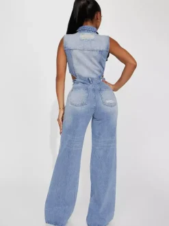 Jumpsuits Light Sky Blue Turndown Collar Sleeveless Cut Out Denim Straight Summer Playsuit