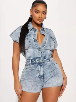 Jumpsuits Light Sky Blue Turndown Collar Short Sleeves Denim Summer Playsuit