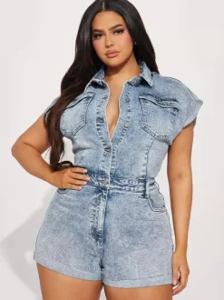 Jumpsuits Light Sky Blue Turndown Collar Short Sleeves Denim Summer Playsuit