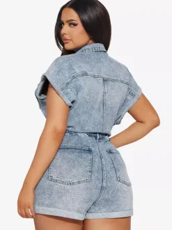 Jumpsuits Light Sky Blue Turndown Collar Short Sleeves Denim Summer Playsuit