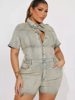 Jumpsuits Light Sky Blue Turndown Collar Short Sleeves Denim Summer One Piece Outfit